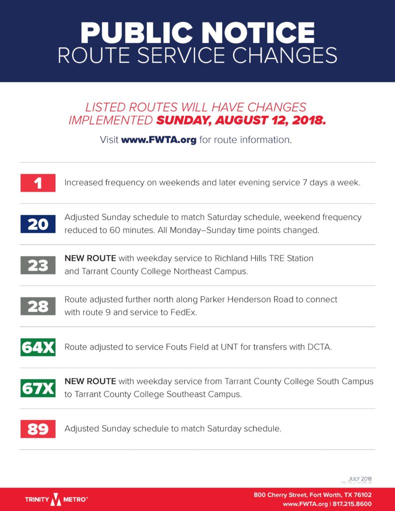 Trinity Metro Service Change August 12, 2018