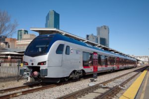 TEXRail train at FWCS with Downtown Fort Worth in background