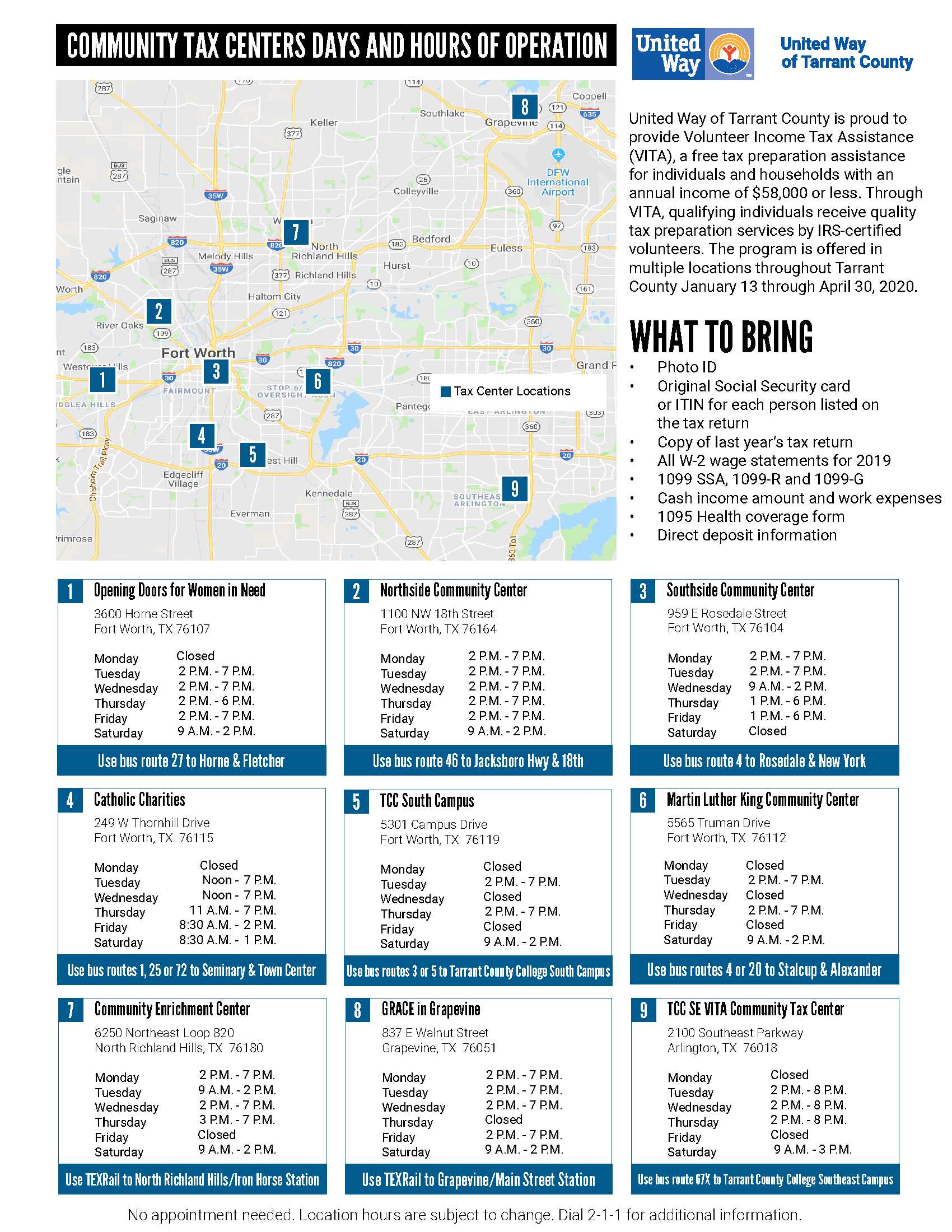 United Way Tax Center Map & Hours of Operations