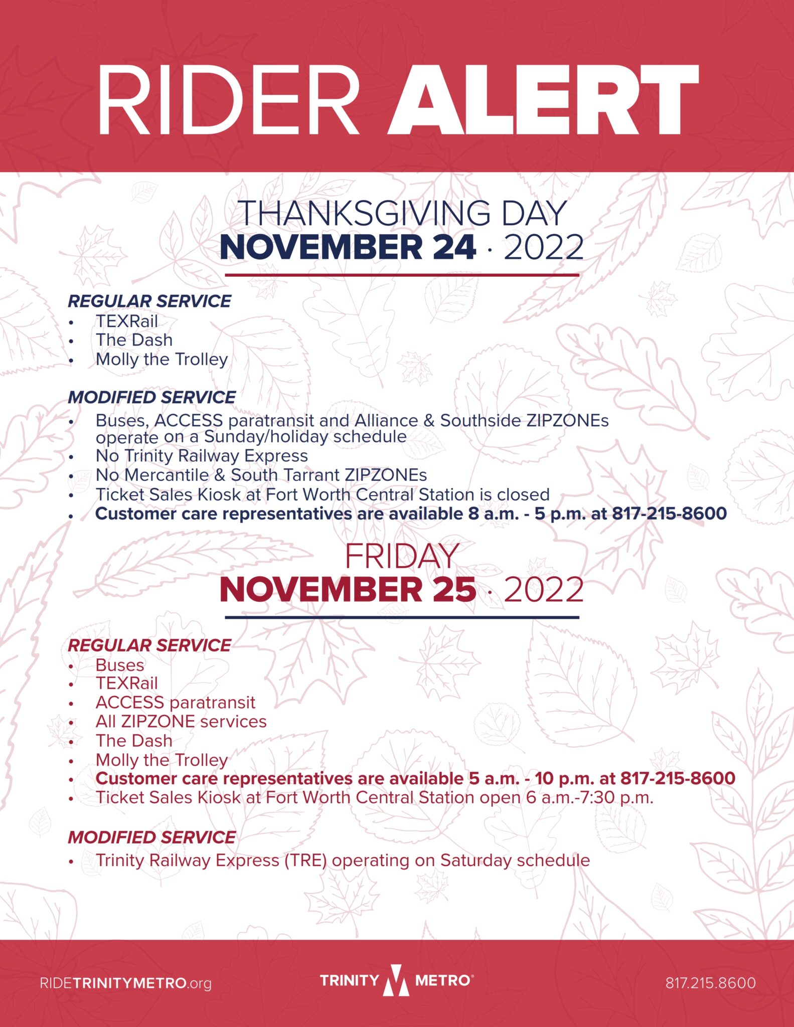 Thanksgiving rider alert trinity metro