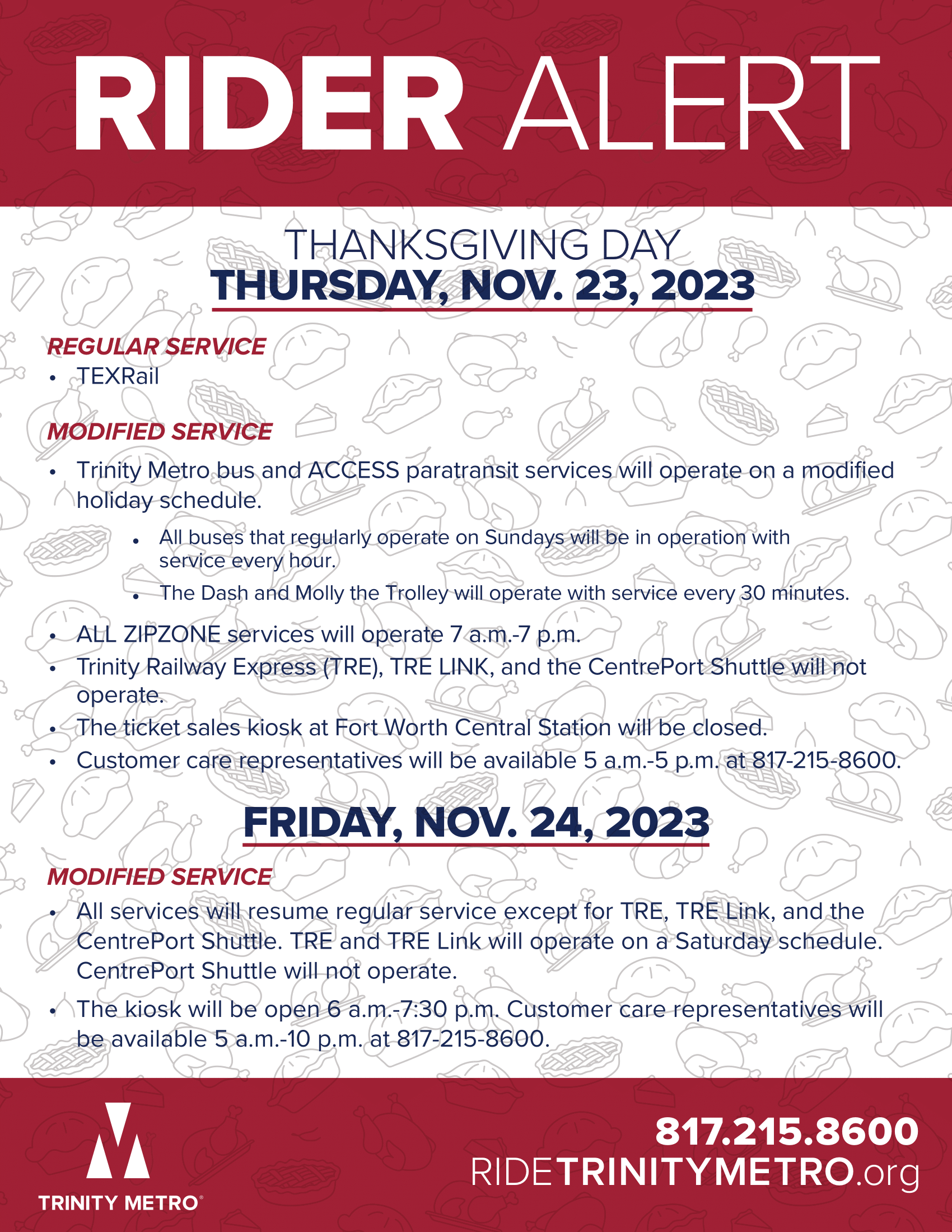 METRO 2023 Thanksgiving Holiday Schedule